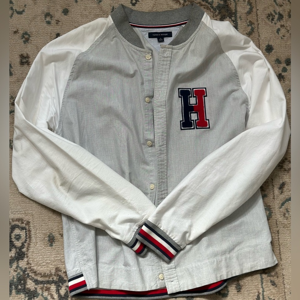 Tommy Hilfiger Gray and White Button-Up Shirt